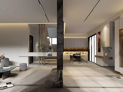 Elegant Modern Living Dining Room Interior With Open Layout Sofa Dining Table And Pendant Lighting 3d model