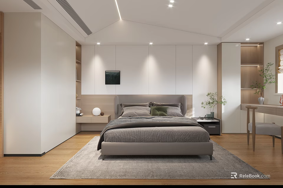 Modern Bedroom Interior With Double Bed Nightstand Soft Rug Wall Painting And Wooden Bookshelf 3d model 