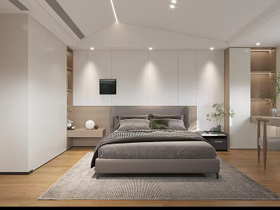 Modern Bedroom Interior With Double Bed Nightstand Soft Rug Wall Painting And Wooden Bookshelf 3d model