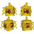 Four Piece Golden Ornament Decor Set With Intricate Carved Patterns And Figurine Topped Lids