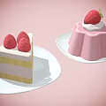 Pink Pudding with Strawberry and Cream and Layered Cake Topped with Strawberries on Pink Background