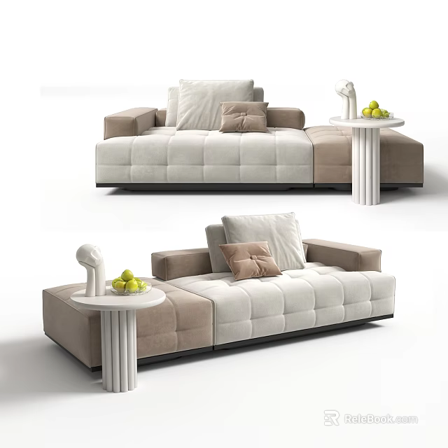 Elegant Modern Chaise Lounge Upholstered In Beige And Brown With Soft Cushions And Side Table 3d model 
