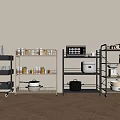 Practical Kitchen Storage Shelves With Jars Microwave Rice Cooker And Pots 3d model