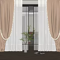 Elegant Beige Curtains With Sheer Layers Pleated Design And Potted Plant In Bedroom