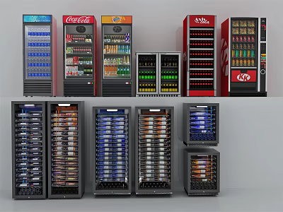 Multiple Beverage Refrigerators With Various Styles And Branded Drinks Stocked 3d model