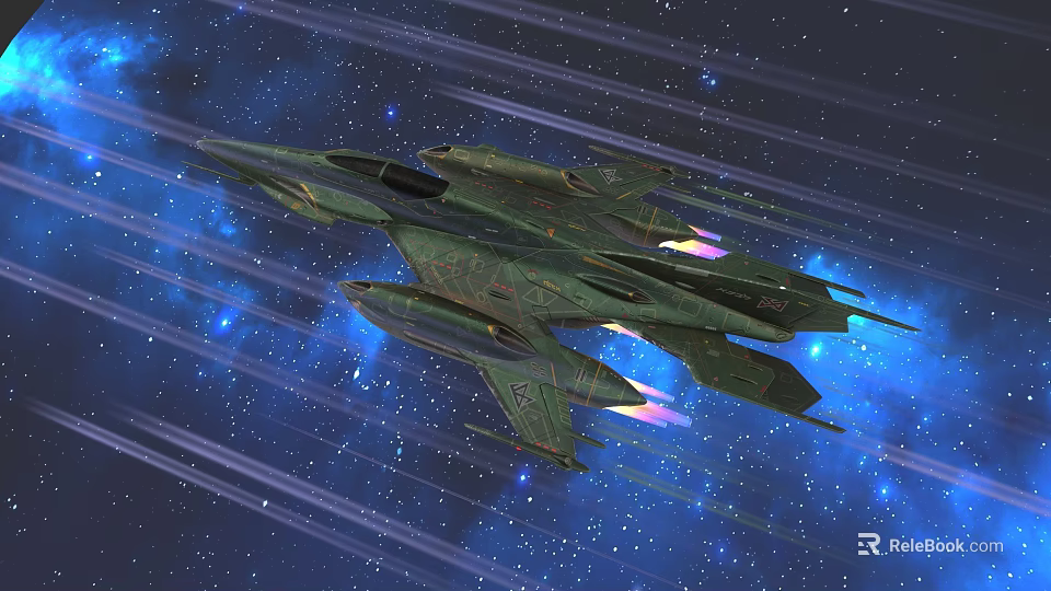 Two Green Fighter Jets Flying in Starry Space With Purple Pink Thrusters 3d model 