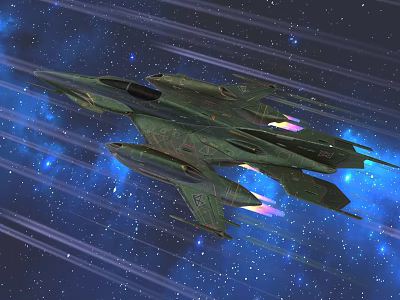 Two Green Fighter Jets Flying in Starry Space With Purple Pink Thrusters 3d model