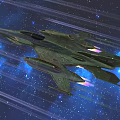 Two Green Fighter Jets Flying in Starry Space With Purple Pink Thrusters