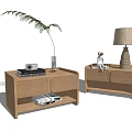 Minimalist Wooden Bedside Tables With Woven Details Green Plant Camera Books And Lamp