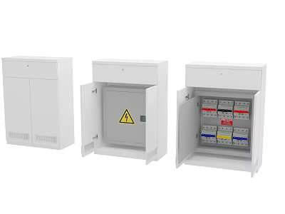 Three White Electrical Distribution Boxes With Open Doors Warning Sign And Interior Components 3d model