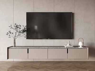 TV Stand with Vase Plant Teapot Ornament and Large Screen TV on Light Gray Wall 3d model