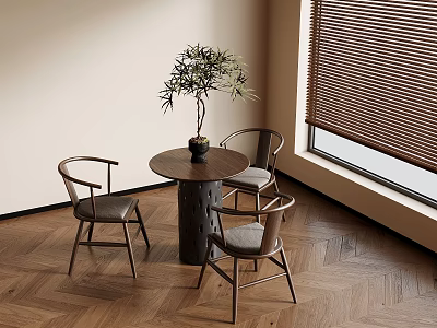 Modern Interior With Round Table Three Chairs Potted Plant And Herringbone Wood Floor 3d model