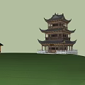 Ancient Chinese Architecture Multi Story Tower With Overhanging Eaves And Pink Flowering Trees