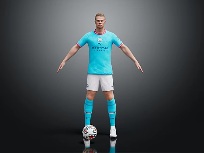 Man Wearing Manchester City Blue Jersey White Shorts And Blue Socks Standing With Soccer Ball 3d model