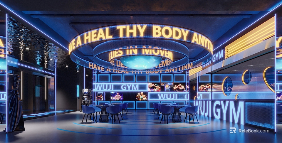 WUJI GYM Interior With Neon Signs For Healthy Body Lives In Movement Exercise 3d model 