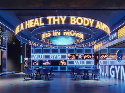 WUJI GYM Interior With Neon Signs For Healthy Body Lives In Movement Exercise 3d model