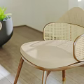 Modern Dining Table Set with Four Chairs Woven Pendant Light Potted Plant and Arched Window