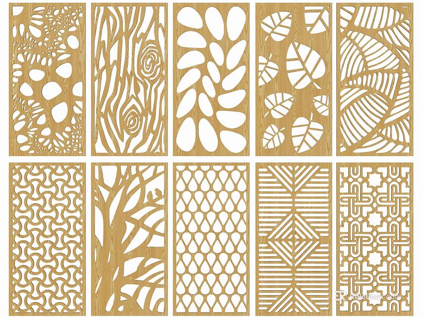 Decorative Room Dividers With Intricate Leaf Geometric And Wood Grain Patterns 3d model 