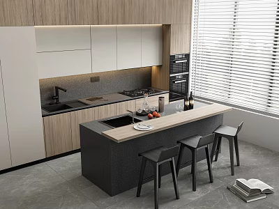 Modern Kitchen Interior Design With Cabinets Island Counter And Bar Stools 3d model