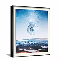 Astronaut Floating Figure Painting With Starry Sunset Sky And Snowy Mountains
