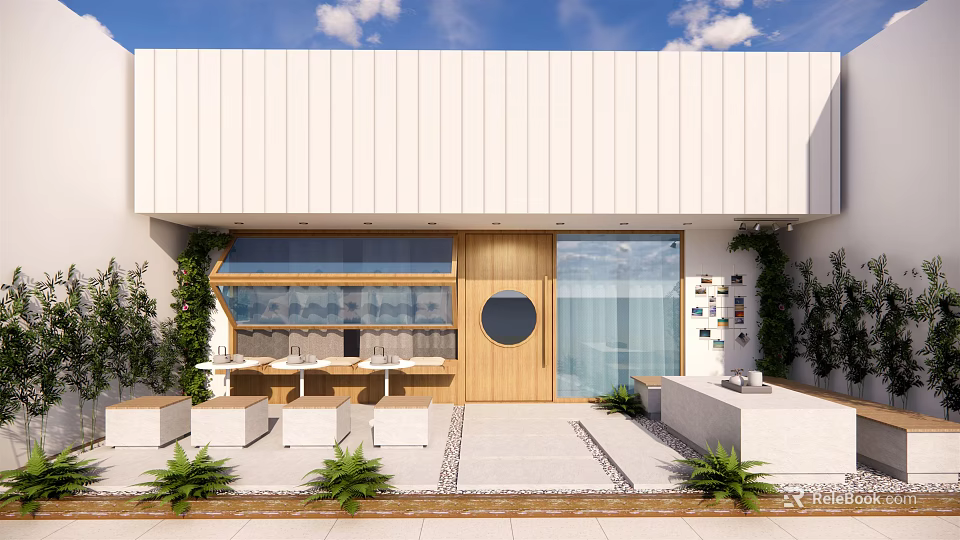 Modern Café Exterior Design With White Panel Walls Wooden Entrance Round Window Outdoor Seating Plants 3d model 