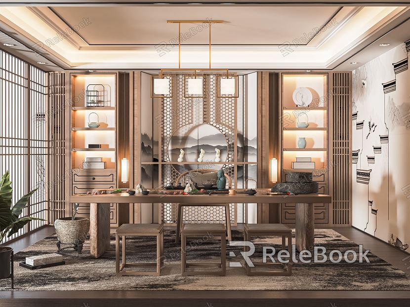 New Chinese Style Tea Room Study Tea Table and Chair Tea Stool Tea Cabinet Chandelier Tea Set Storage Rack Decorative Cabinet model