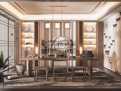 New Chinese Style Tea Room Study Tea Table and Chair Tea Stool Tea Cabinet Chandelier Tea Set Storage Rack Decorative Cabinet 3d model