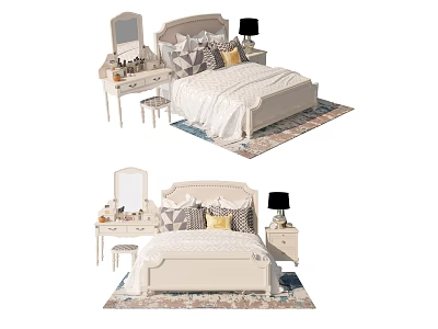 Elegant Double Bed Interior With Decorative Pillows Nightstand Lamp Dressing Table Mirror And Rug 3d model