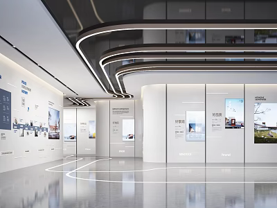 Modern Exhibition Hall Interior With Curved Light Strips Display Walls Exhibition Panels And Sleek Floors 3d model