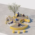 People Sitting On Yellow Curved Platform With Central Tree Reading And Using Devices 3d model