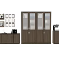 Wooden Bookcase With Glass Doors And Organized Binders In Office Interior Design