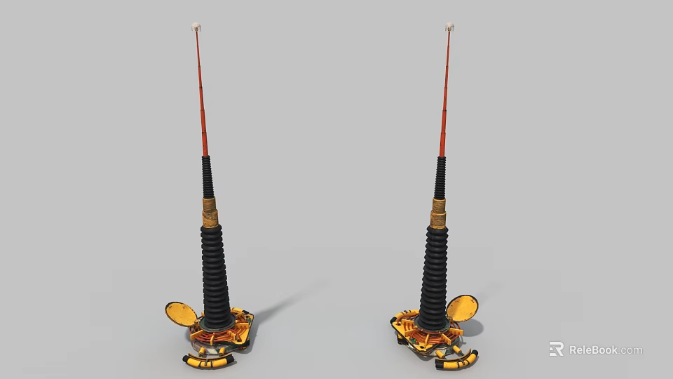 Two Industrial Antenna Equipment With Black Gold Body Red Elongated Top And Yellow Base 3d model 