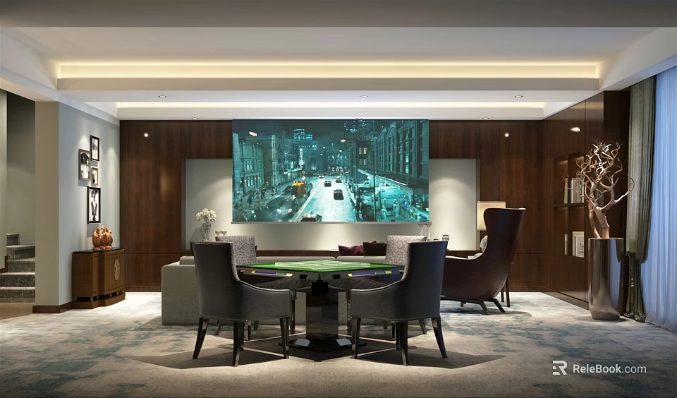 Modern Luxurious Hotel Mahjong Room Interior With Round Table Leather Chairs And Wall Art 3d model 