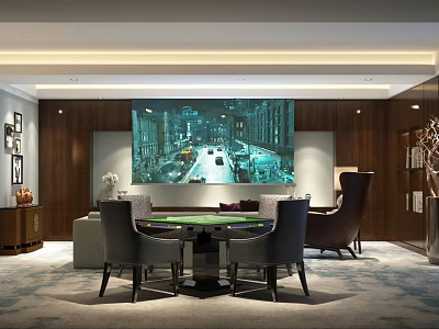 Modern Luxurious Hotel Mahjong Room Interior With Round Table Leather Chairs And Wall Art 3d model