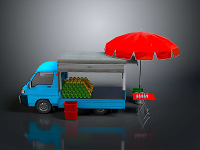 Blue Food Truck With Red Umbrella Green Beverage Bottles Small Table And Drink Cans 3d model