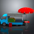 Blue Food Truck With Red Umbrella Green Beverage Bottles Small Table And Drink Cans