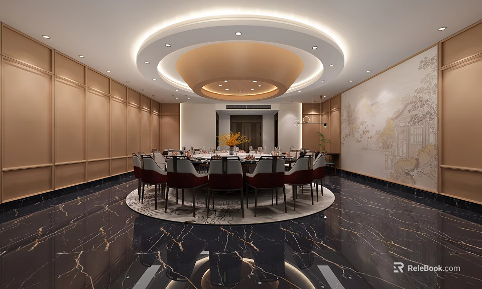 Elegant Private Dining Room With Round Table Chairs Circular Ceiling And Marble Floor 3d model