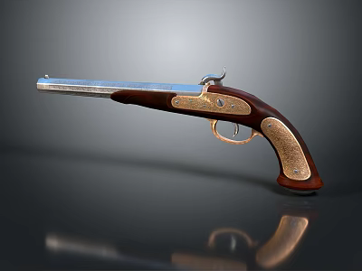 Vintage Silver Barrel Pistol With Brown Wooden Grip And Golden Accents 3d model