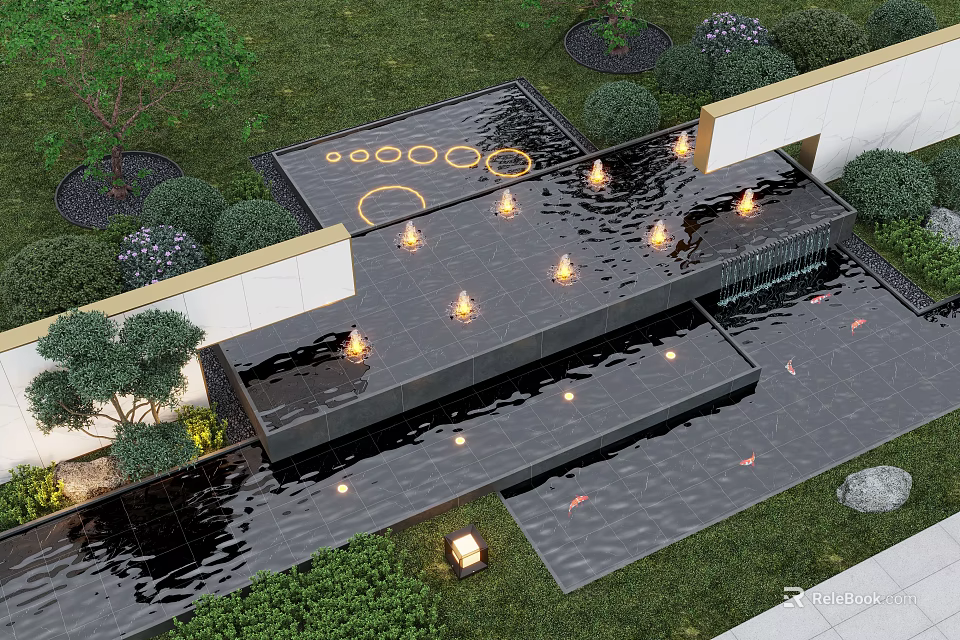 Multi Tiered Illuminated Garden Water Fountain With Stone Structure Flowing Water And Greenery Surroundings 3d model 