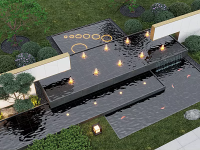 Multi Tiered Illuminated Garden Water Fountain With Stone Structure Flowing Water And Greenery Surroundings 3d model
