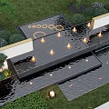 Multi Tiered Illuminated Garden Water Fountain With Stone Structure Flowing Water And Greenery Surroundings