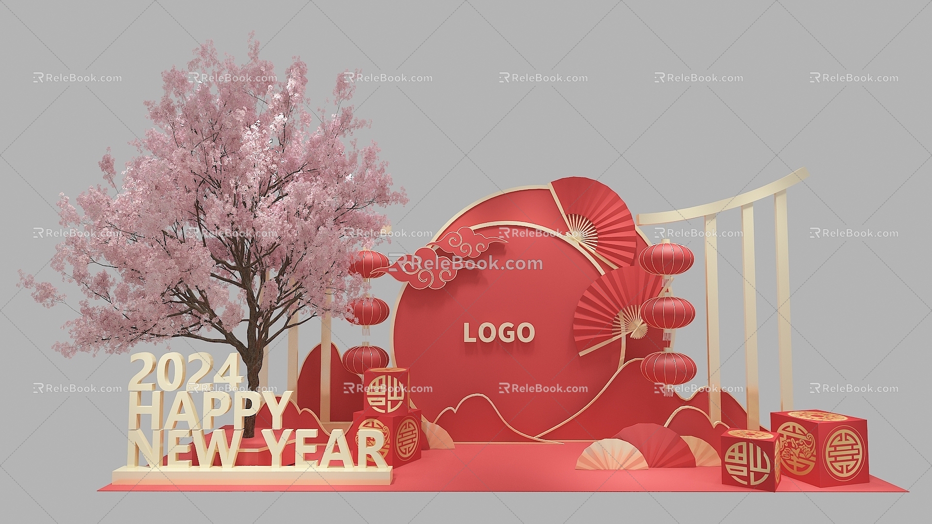 Red Gold Real Estate Meichen Photo Pushcard Point Online Red New Year Christmas New Year Meichen Peach Tree National Tide Cherry Tree 3d model