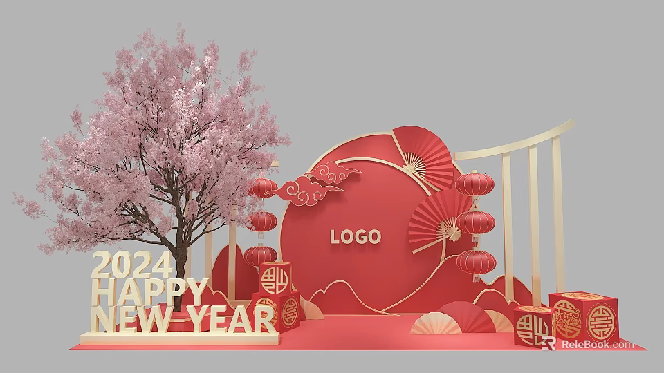 2024 New Year Photo Check In Spot With Pink Cherry Tree Red Lanterns Fan Decorations 3d model 