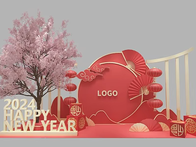 2024 New Year Photo Check In Spot With Pink Cherry Tree Red Lanterns Fan Decorations 3d model