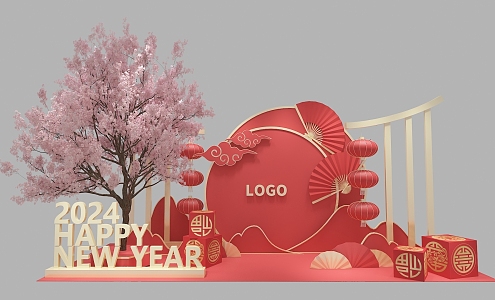 Red Gold Real Estate Meichen Photo Pushcard Point Online Red New Year Christmas New Year Meichen Peach Tree National Tide Cherry Tree 3d model