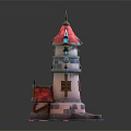 Cartoon Style Whimsical Tower With Red Roof Small House And Ornate Windows On Red Base