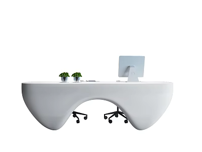 White Reception Desk With Curved Design Featuring Small Potted Plants Computer Monitor and Wheeled Chairs 3d model