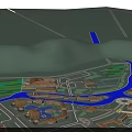 Detailed Aerial Planning Layout With Curving River Green Spaces And Round Dome Structures