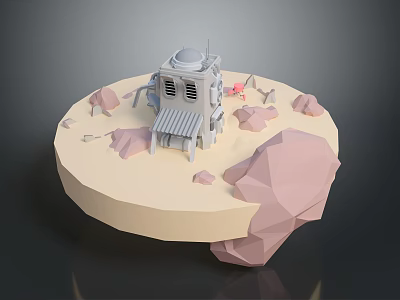 Low Poly Sci Fi Base on Rocky Alien Surface Space Scene 3d model
