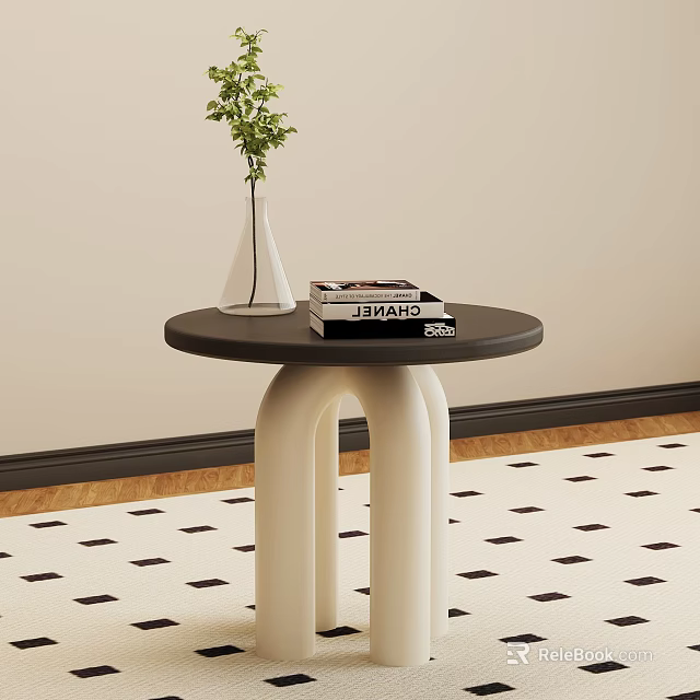 Modern Round Side Table With Black Top White Legs And Green Plant Vase On Books 3d model 